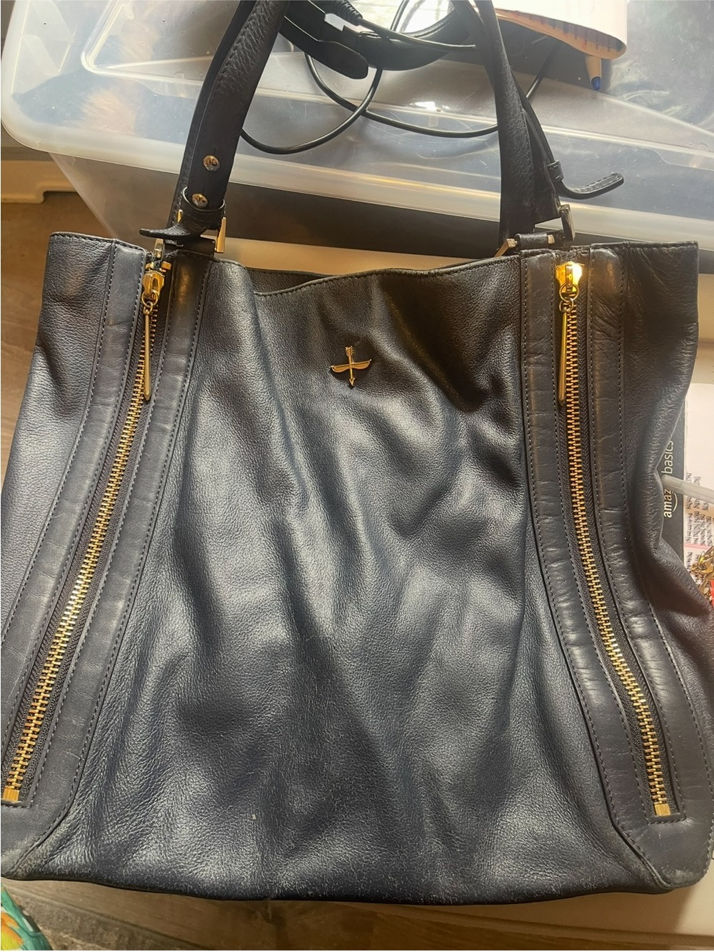 Pour La Victoire Navy Genuine Leather Tote with Gold Accents - Women